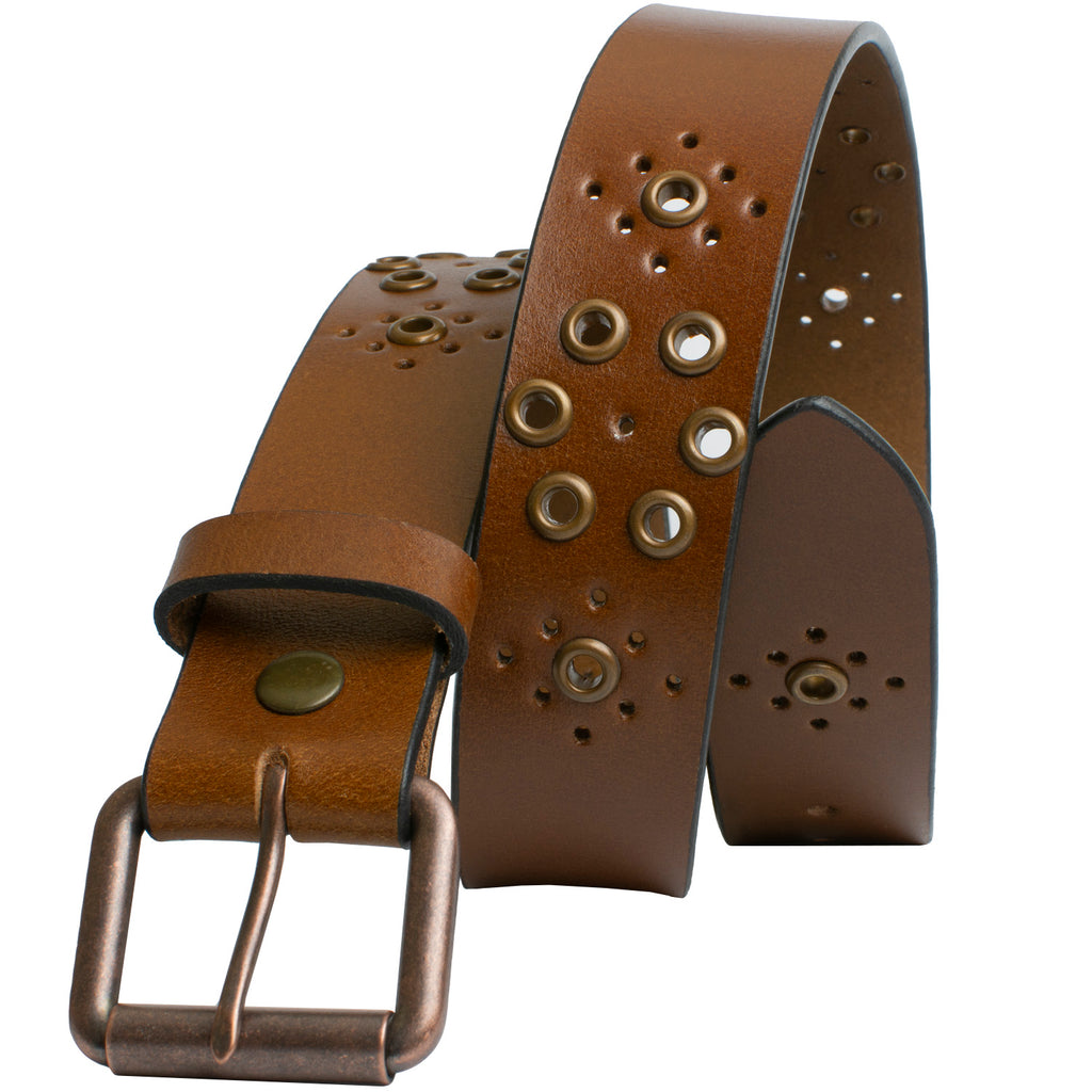 Women's Grommet Brown Leather Belt. Buckle is stitched directly to strap. Edges are dyed black.