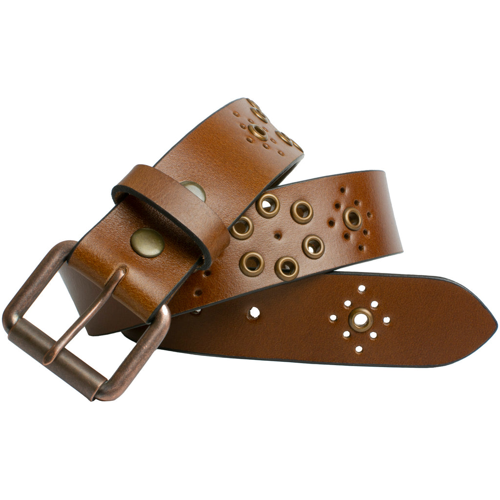 Women's Grommet Brown Leather Belt. Thin bright tan solid leather strap with zinc alloy buckle.