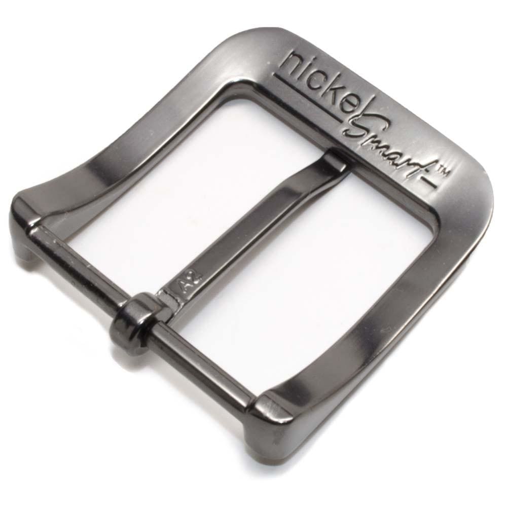 Gunmetal Gray Casual Buckle. Single prong square buckle; back features engraved Nickel Smart logo.