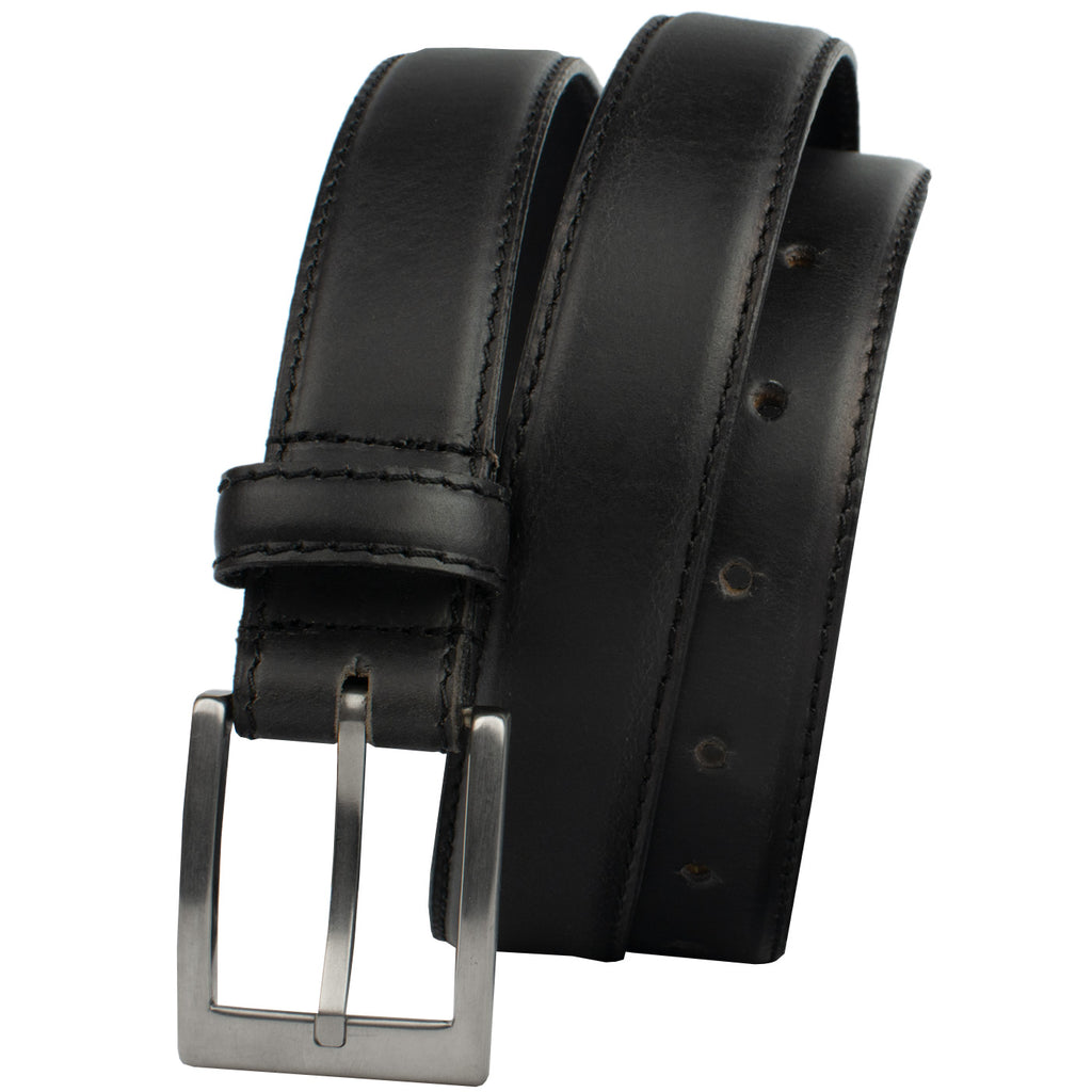 Silver Square Titanium Black Belt by Nickel Smart. Black leather dress belt; silver square buckle.