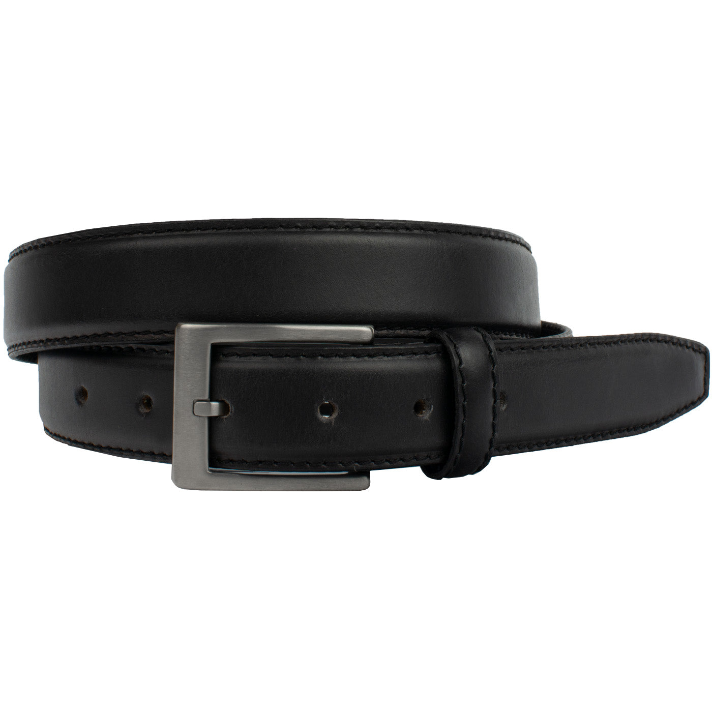 Silver Square Titanium Black Belt. Black full grain leather strap; domed center; single-stitch edges