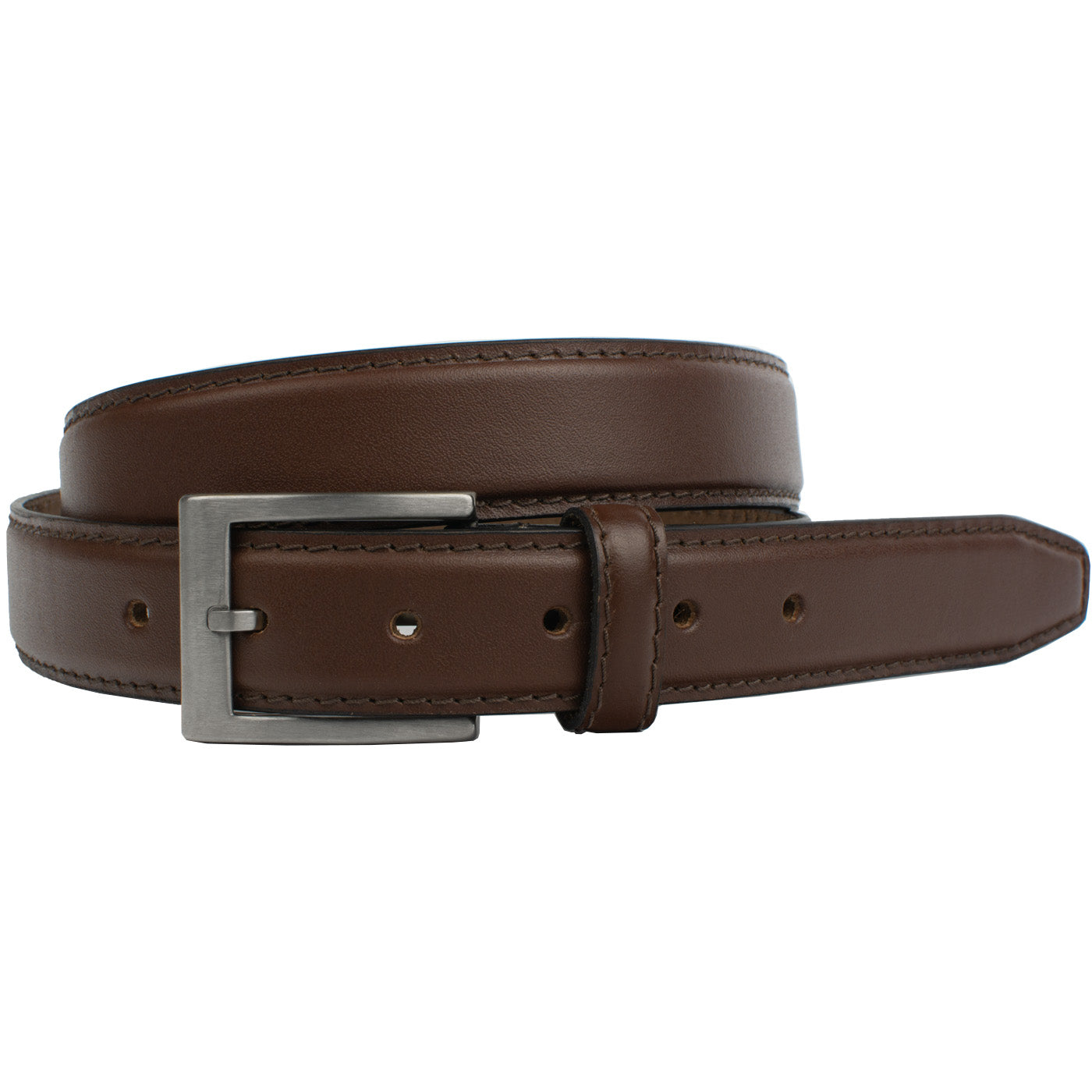 Silver Square Titanium Brown Belt. Full grain leather strap, domed center and single stitch edges.