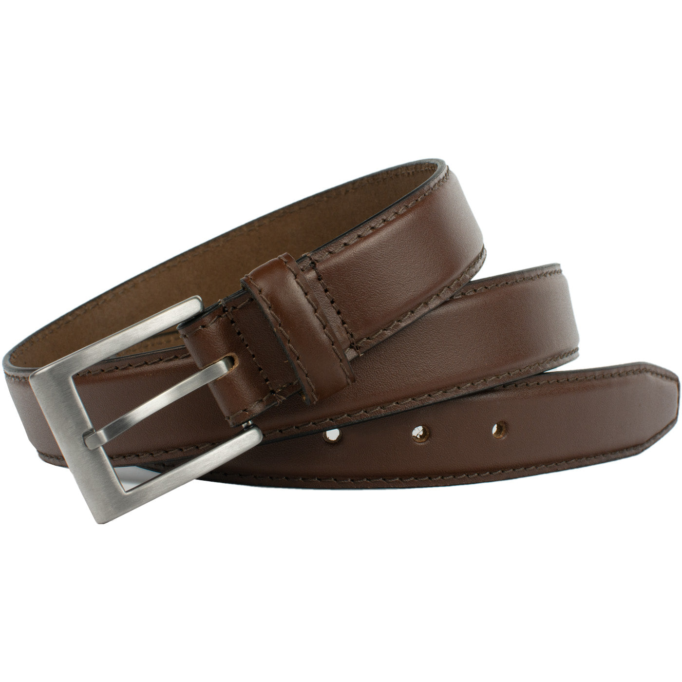 Silver Square Titanium Brown Belt. Square titanium buckle is stitched to strap; no metal snaps.