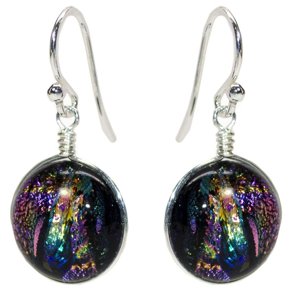 Jupiter Earrings. Silver hooks and materials. Glass is mostly purple with hints of rainbow colors.