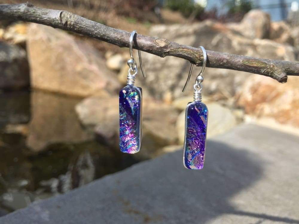 Looking Glass Falls Earrings - Lilac, outside. Light and dark purples with hints of other colors.