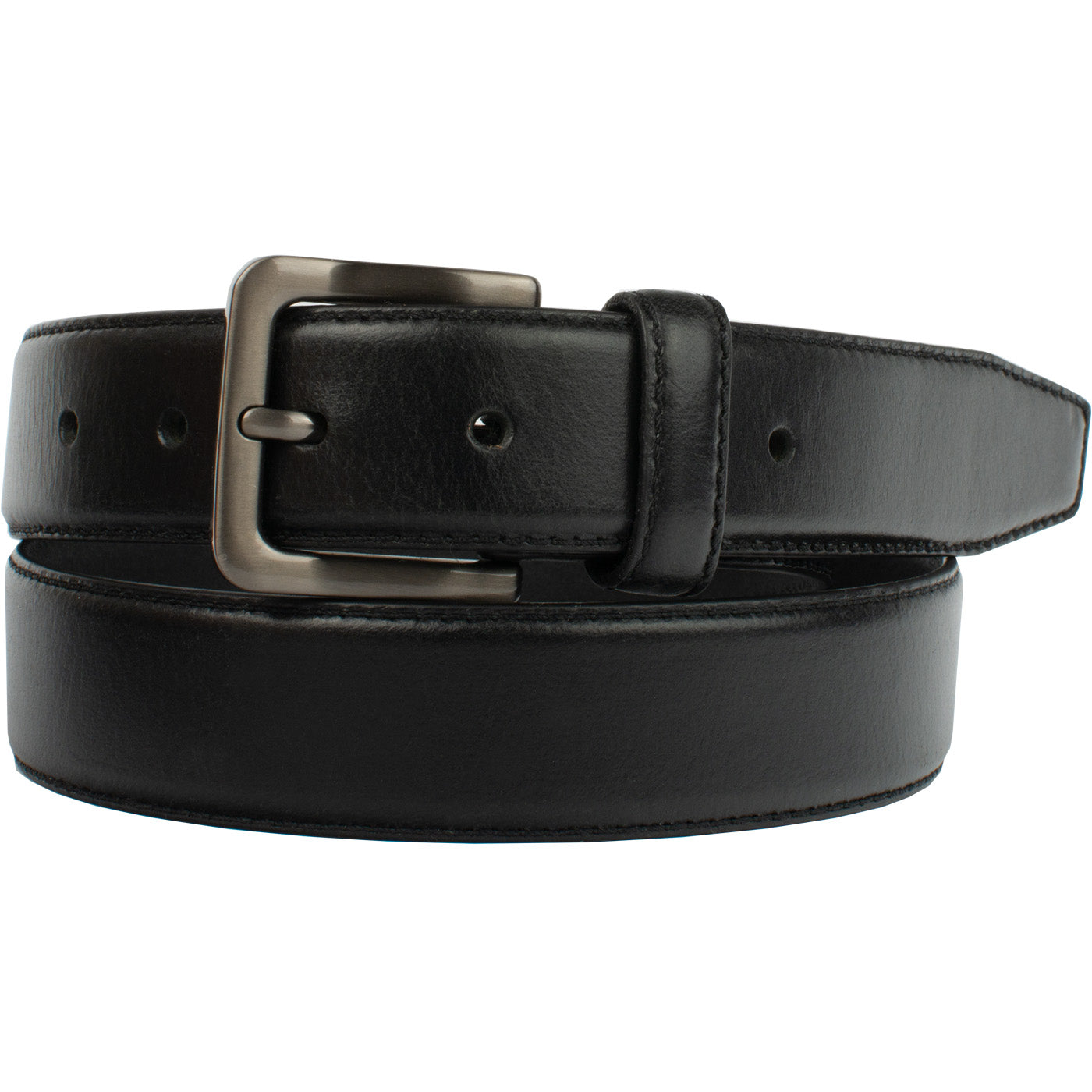 Metro Black Belt. Nickel free buckle is square with rounded corners; single prong; dark gray color.