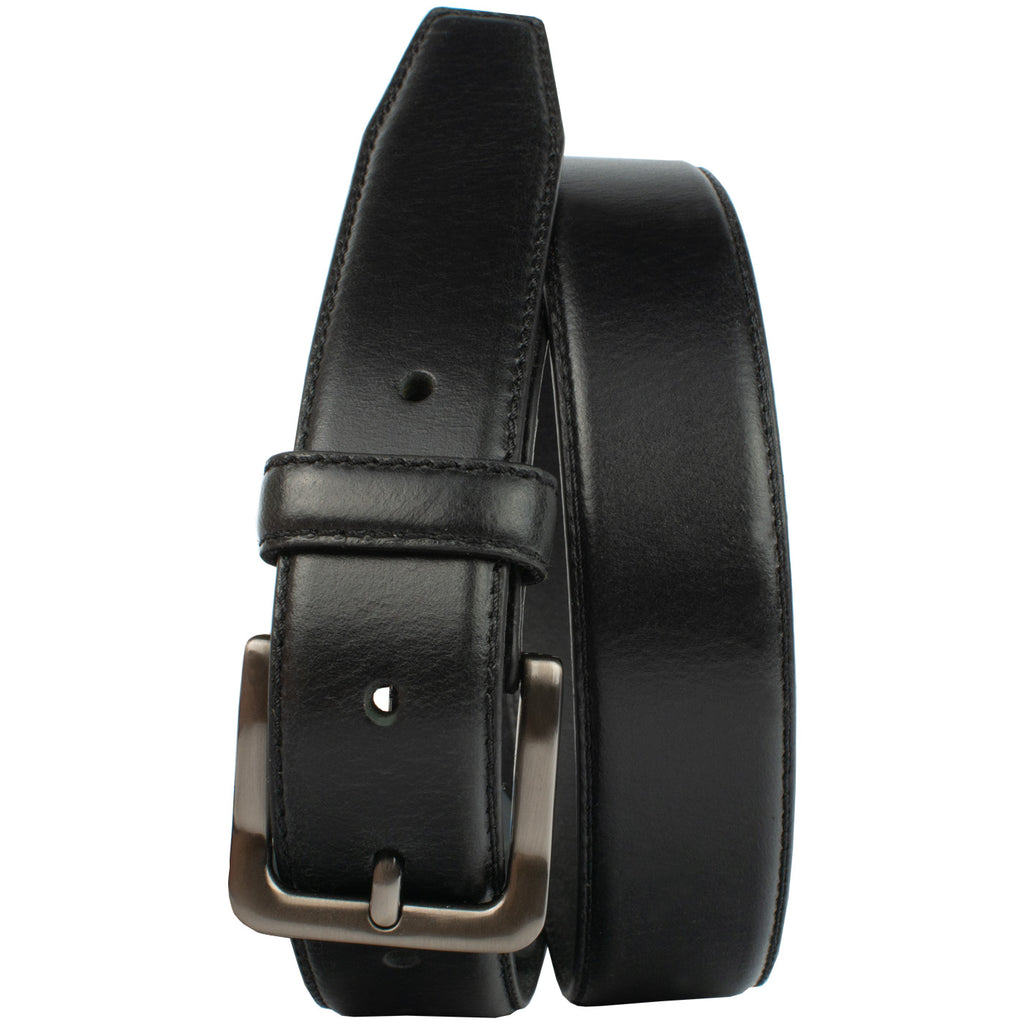 Metro Black Belt. Buckle stitched directly to leather; slightly domed strap with stitched edges.