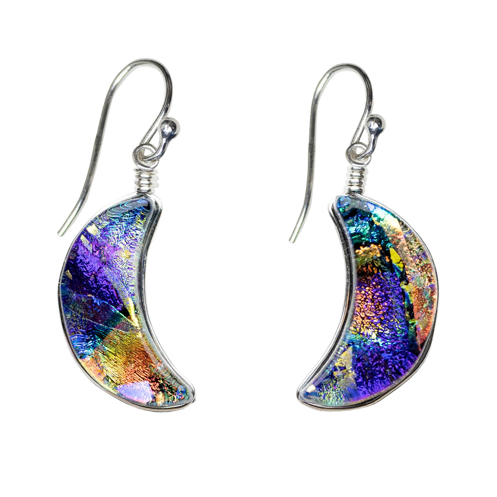 Moon Goddess Dichroic Glass Earrings by Nickel Smart. Crescent shaped earrings; pink, blue, and more