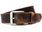 Mt. Pisgah Titanium Distressed Leather Belt. Distressed casual raw edges; silver tone buckle.