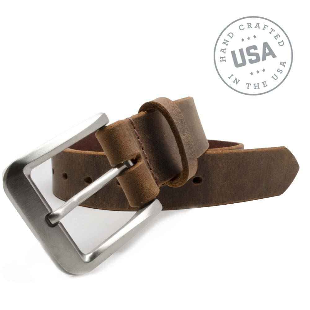 Mt. Pisgah Titanium Distressed Leather Belt. Handcrafted in the USA. Buckle stitched on to strap.