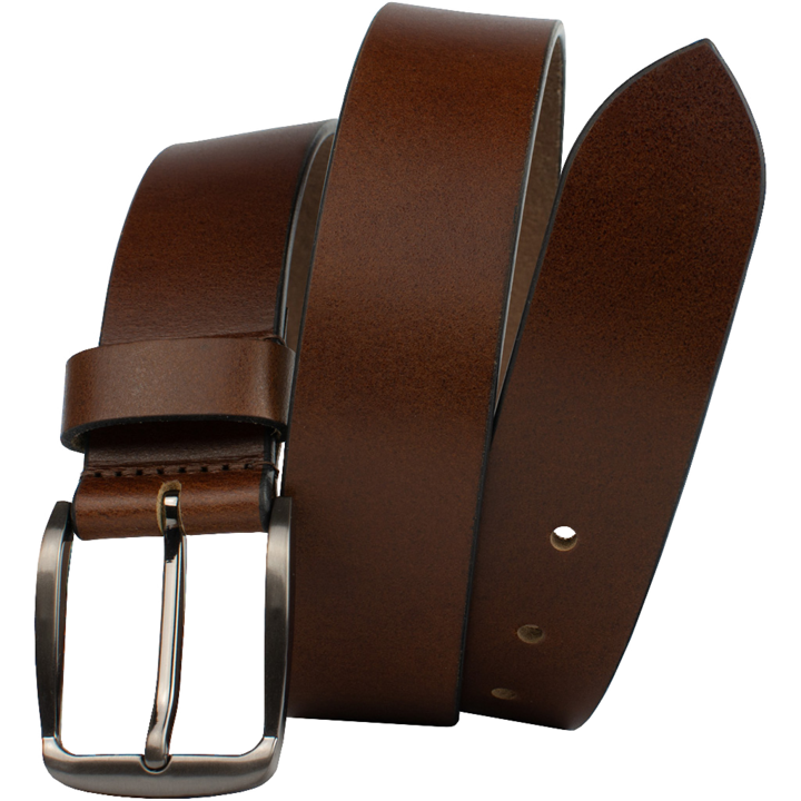 Millennial Brown Belt by Nickel Zero. Sleek brown leather strap with black edges. Dark gray buckle.