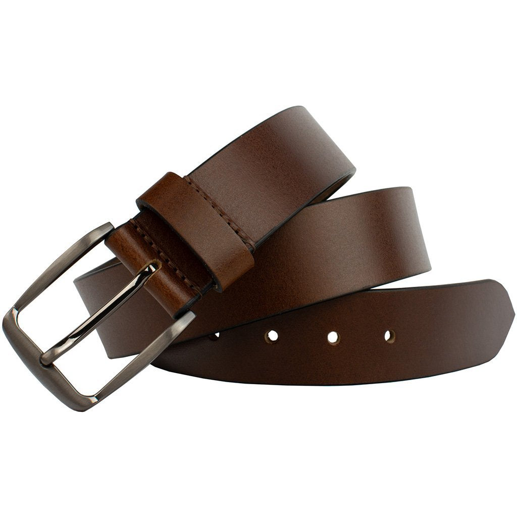 Millennial Brown Belt. Slightly curved buckle with single prong; stitched directly to leather strap.