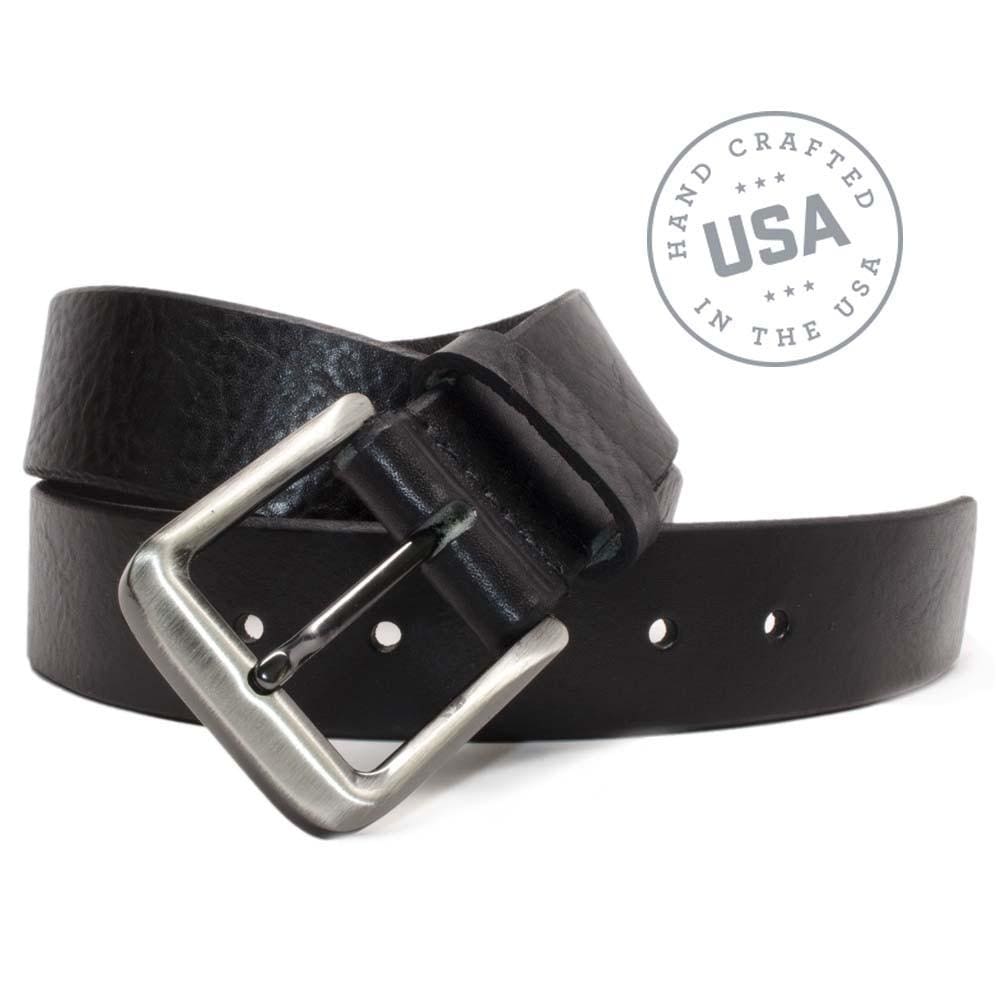 New River Black Belt. Handcrafted in the USA. Buckle is stitched directly to strap; no metal snaps!
