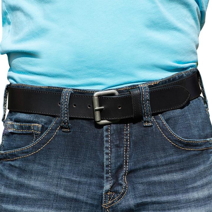Outback Black Leather Belt on model. Great casual belt with jeans. Width is 1.5 inches.