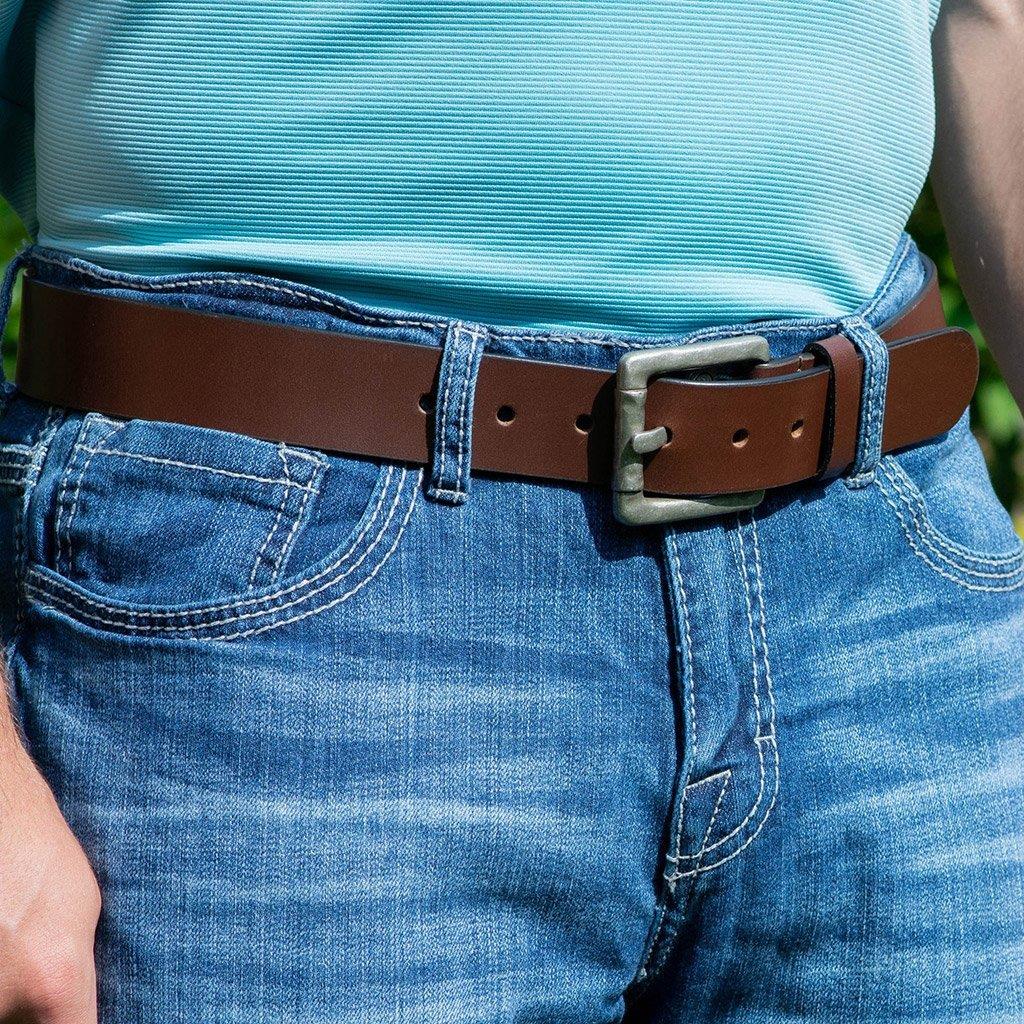 Pathfinder Brown Leather Belt on model. Casual style makes a great jeans belt. 1.5 inch (38mm) wide.