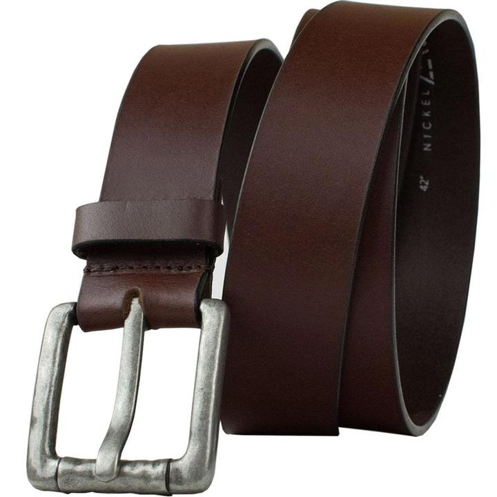 Pathfinder Brown Leather Belt by Nickel Zero. Deep brown color for strap; nickel-free buckle.
