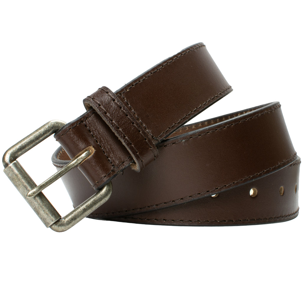Outback Brown Leather Belt by Nickel Zero. Silver roller buckle; brown stitching. Nickel free.