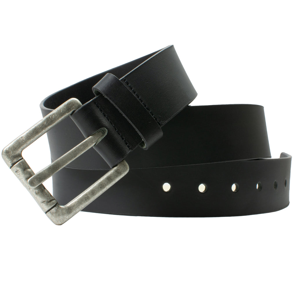 Pathfinder Black Leather Belt. Rustic hammered buckle sewn directly to solid strap of leather.