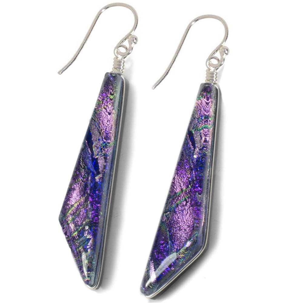 Queen Falls Earrings. Dichroic glass wrapped in nickel-free silver wire. Pinks, blues, and rainbow.
