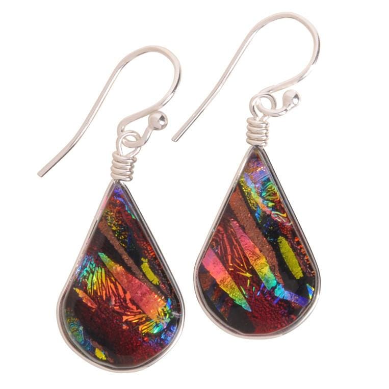 Rainbow Falls Earrings - Rainbow Red by Nickel Smart. Teardrop-shaped red dichroic glass earrings.