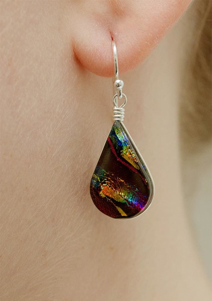 Rainbow Falls Earrings - Rainbow Red on model. Hypoallergenic; no rash! Nickel-free materials.