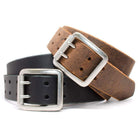 Ridgeline Trail Belt Set by Nickel Smart. One black belt; one distressed brown with the same buckle.