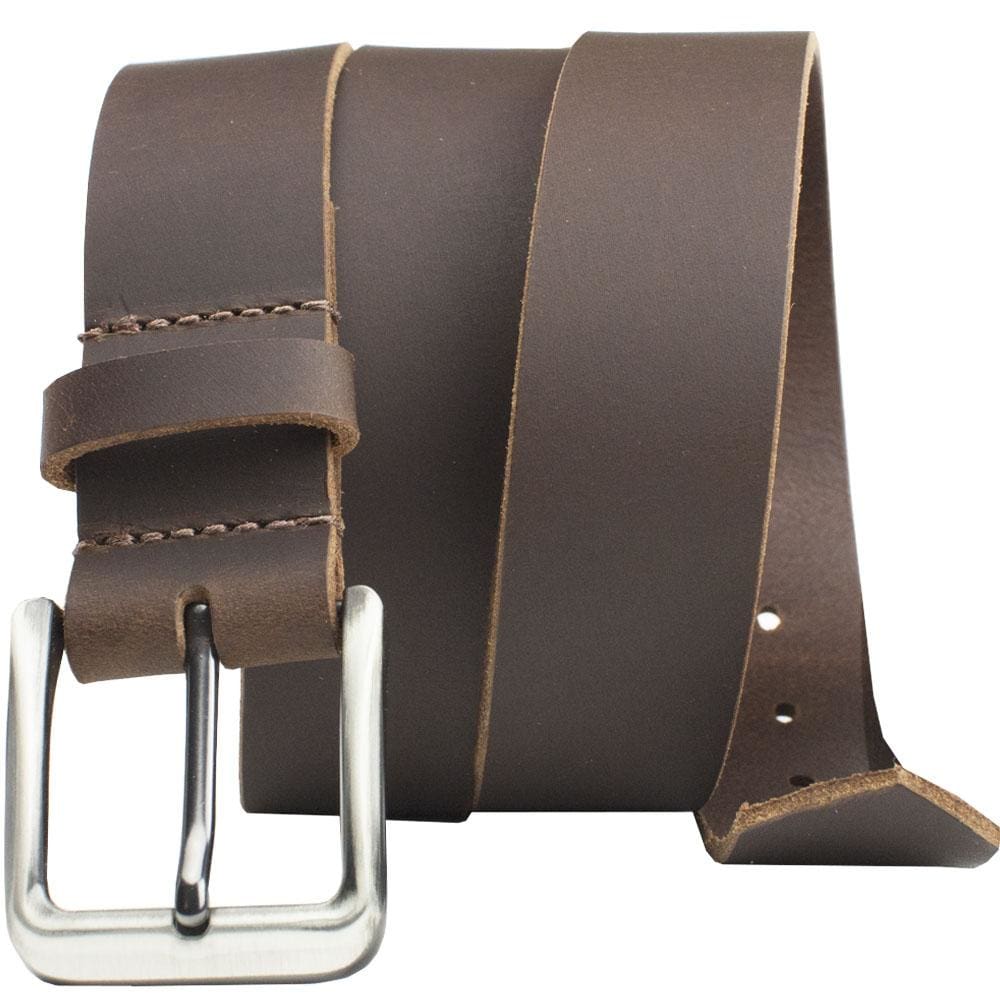 Roan Mountain Leather Belt by Nickel Smart. Solid brown leather strap; silver-tone zinc alloy buckle