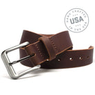 Roan Mountain Leather Belt. Handcrafted in the USA. Square buckle is stitched on to leather strap.