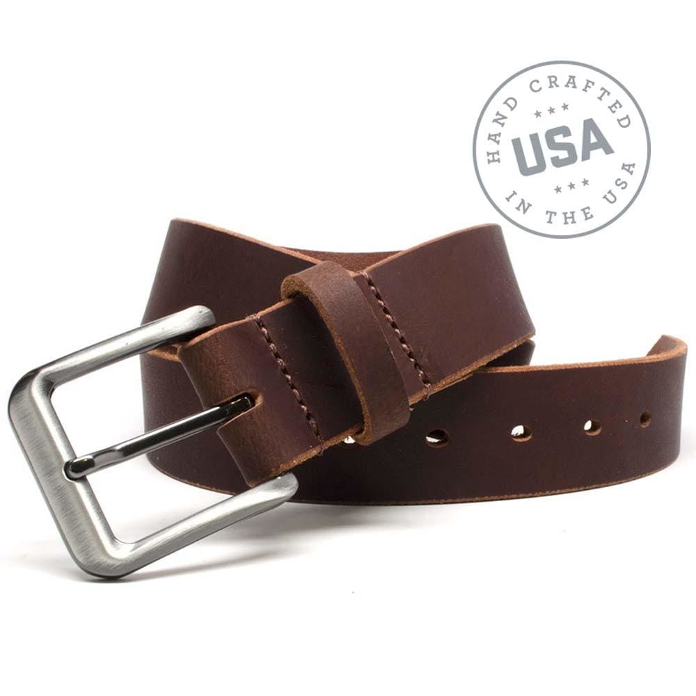 Roan Mountain Leather Belt. Handcrafted in the USA. Square buckle is stitched on to leather strap.