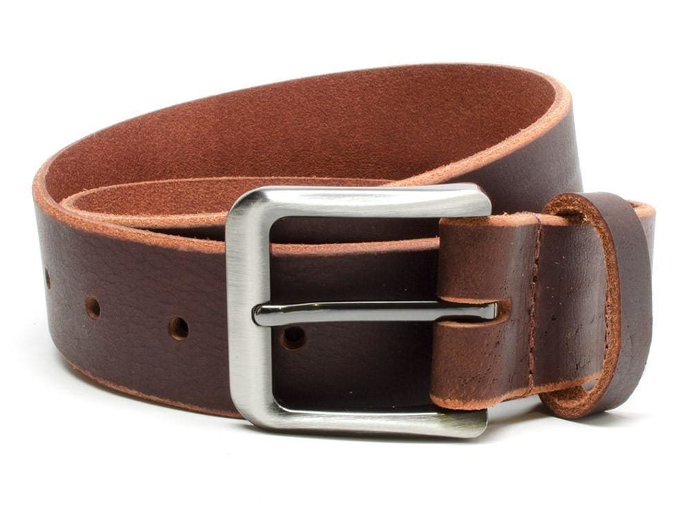 Roan Mountain Leather Belt. Zinc alloy buckle, single prong, square shape with rounded corners.