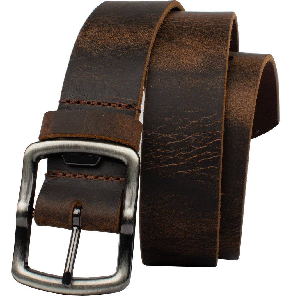 Rocky River Distressed Brown Belt by Nickel Smart. Distressed brown leather; silver-tone buckle.