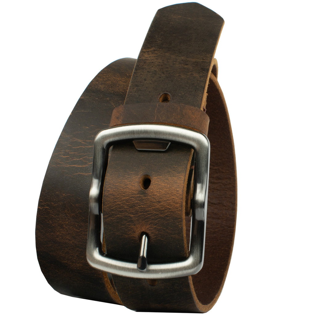 Rocky River Distressed Brown Belt. Center bar buckle has a bottle opener feature on one end.