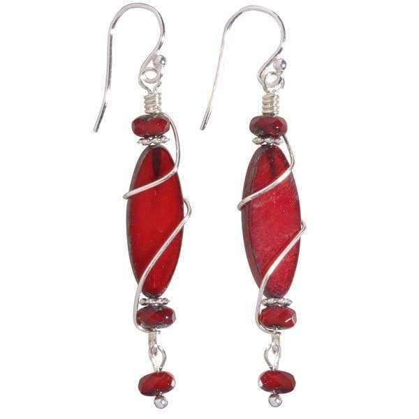 Rodanthe Earrings by Nickel Smart. Red bead, red glass oval; red bead with dangling bead at bottom.