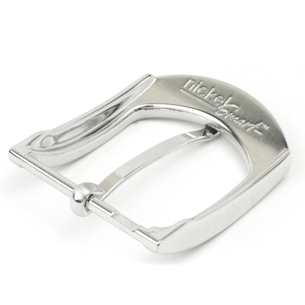 Silver Arch Buckle. Back of buckle features engraved Nickel Smart logo. Zinc alloy belt buckle.