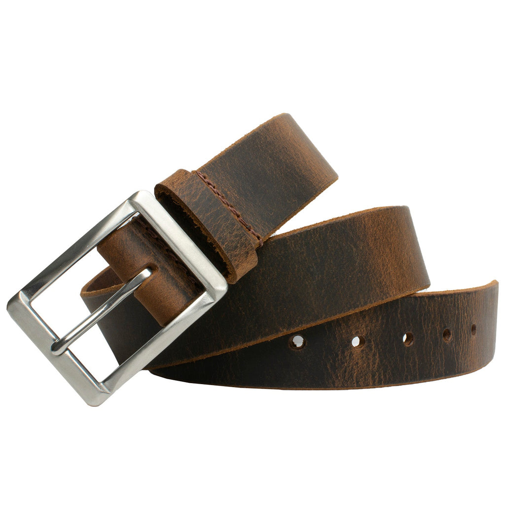 Site Manager Distressed Leather Brown Belt. Buckle sewn to solid piece of distressed leather.