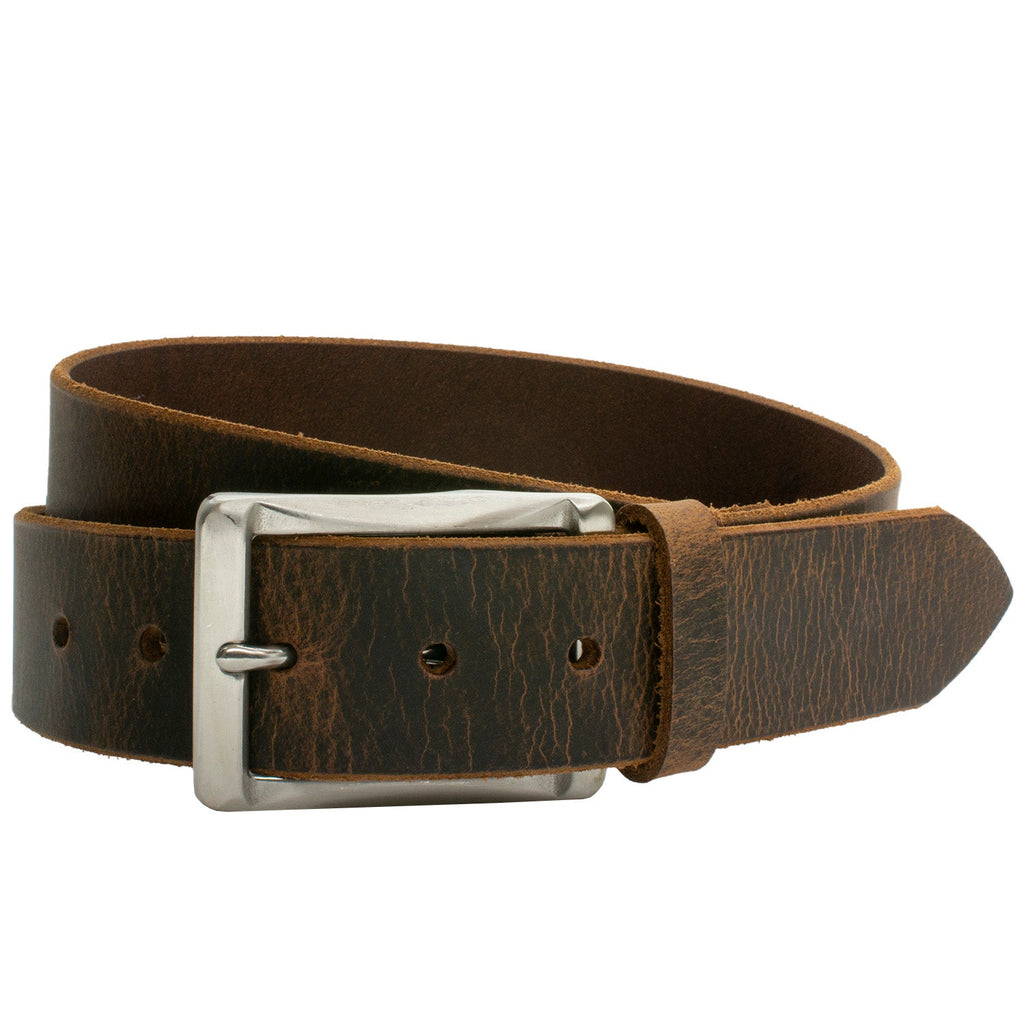 Site Manager Distressed Leather Brown Belt. Rectangular center bar stainless steel buckle.