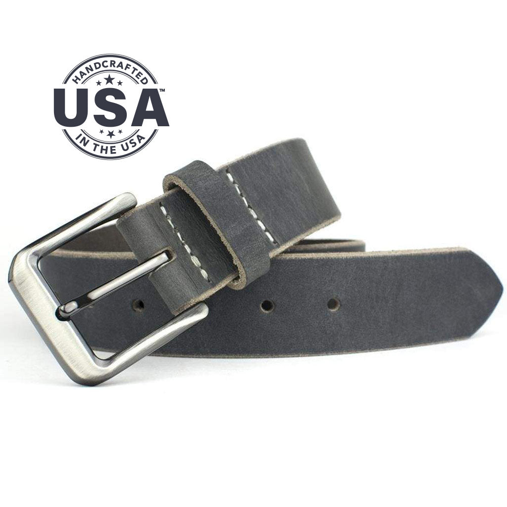 Smoky Mountain Distressed Leather Belt by Nickel Smart. Handcrafted in the USA. Gray belt.