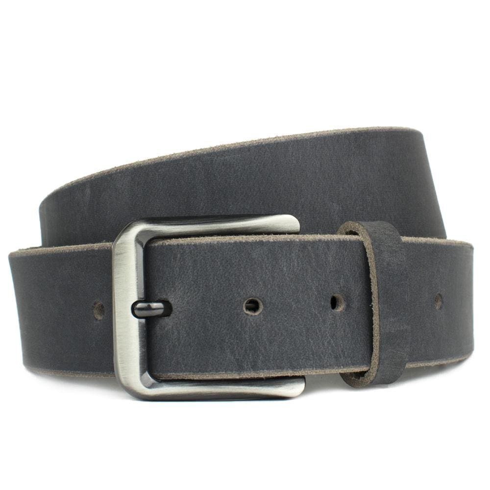 Smoky Mountain Distressed Leather Belt. Strap has raw edges. Nickel-free zinc alloy buckle.