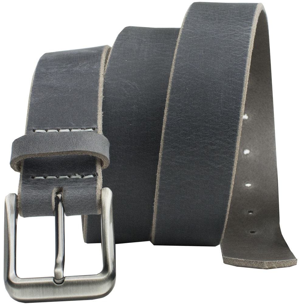 Smoky Mountain Distressed Leather Belt. Gray strap; white stitching; silver-tone square buckle.