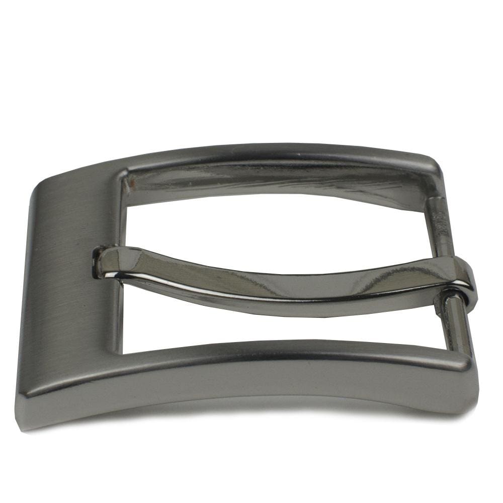 Square Wide Pin Buckle. Side view. Pin is slightly curved for best fit. Bright silver-tone coloring.