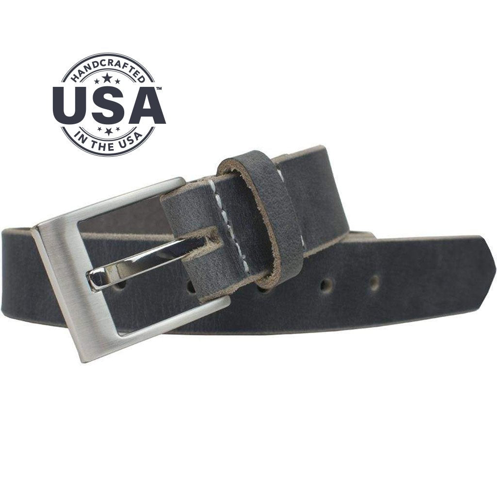 Square Wide Pin Distressed Leather Belt (Gray). Handcrafted in the USA. Buckle stitched on; no snaps