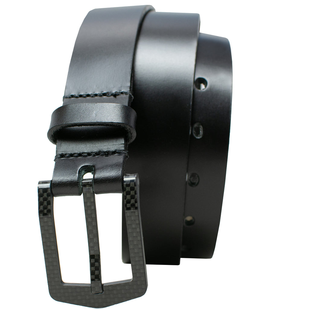 Black leather dress belt with black carbon fiber buckle, metal free, nickel free, USA Made