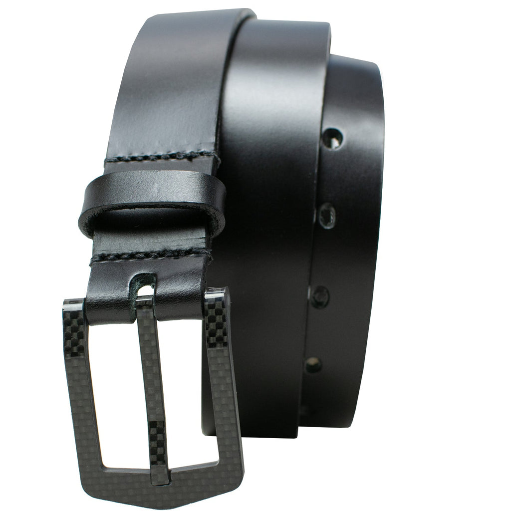Black leather dress belt with black curved carbon fiber buckle, metal free, nickel free, USA Made