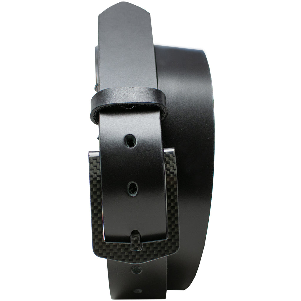 Black leather dress belt with black curved black carbon fiber buckle. 1⅜ inches (35 mm) wide