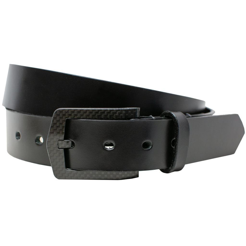 Black Carbon Fiber buckle lets you breeze thru security "Beep Free" without removing your belt.