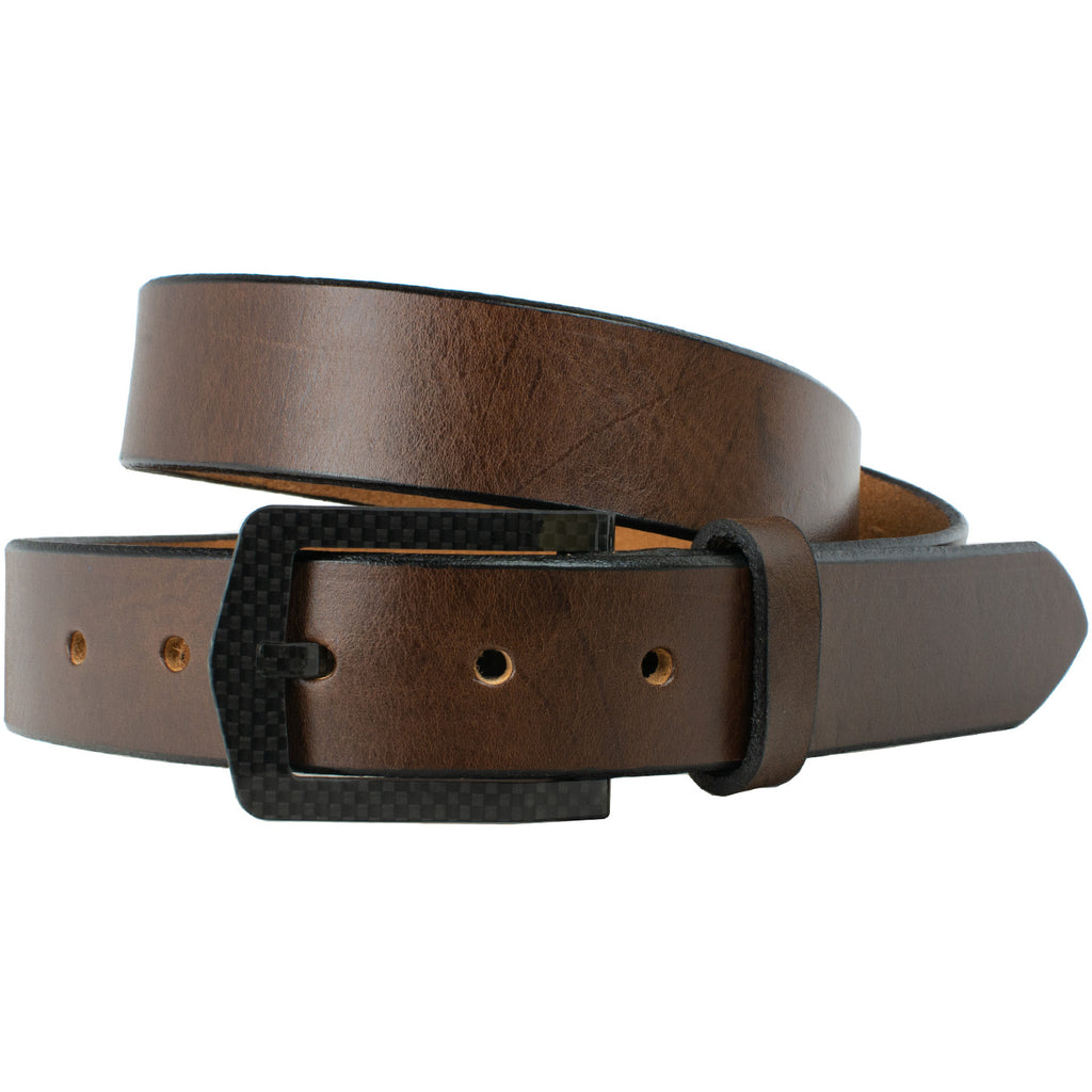 Stealth Brown Belt. Unique black carbon fiber weave buckle; bright brown strap with black edges.