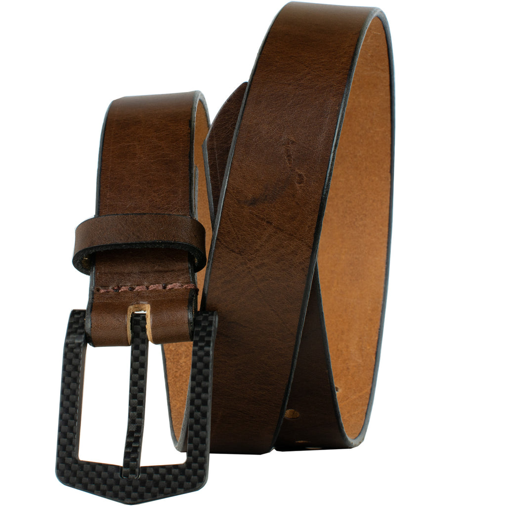 Stealth Brown Belt. 100% full grain leather. Bright brown strap accented by dyed black edges.