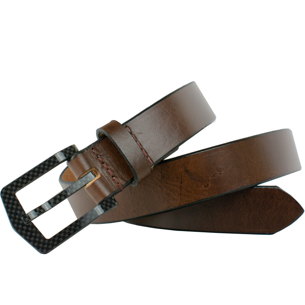 Stealth Brown Belt. Single-pin buckle is stitched directly full grain leather belt strap.