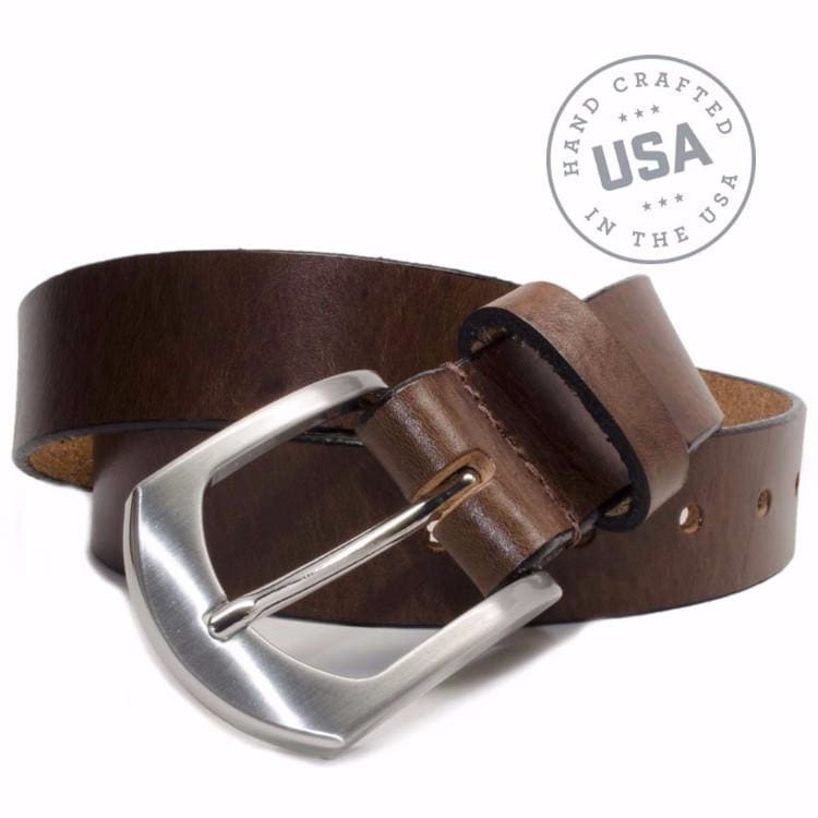 Stone Mountain Brown Belt. Handcrafted in the USA. Buckle is stitched directly to leather strap.