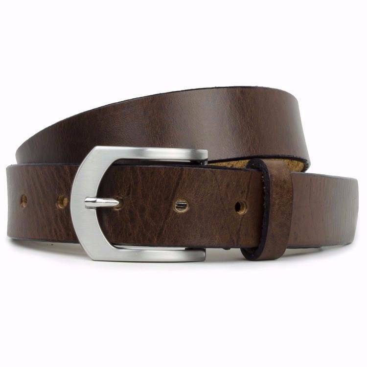 Stone Mountain Brown Belt. Arched buckle with silver prong. Black edges on brown leather strap.